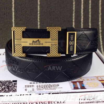 AAA Hermes Men's Adjustable Engraving Leather Belt - Yellow Gold H Buckle